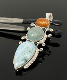 Larimar Gemstone Pendant with Aquamarine and Sunstone, Wire Wrapped Pendant, Silver Jewelry Gifts for Her, Bohemian Jewelry