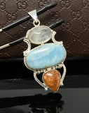Larimar Gemstone Pendant with Aquamarine and Sunstone, Wire Wrapped Pendant, Silver Jewelry Gifts for Her, Bohemian Jewelry