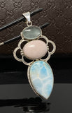 Gemstone Pendant - Larimar, Aquamarine and Pink Opal, Wire Wrapped Pendant, Silver Jewelry Gifts for Her, Bohemian Jewelry