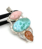 Gemstone Pendant - Larimar, Sunstone and Pink Opal, Wire Wrapped Pendant, Silver Jewelry Gifts for Her, Bohemian Jewelry