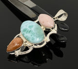 Gemstone Pendant - Larimar, Sunstone and Pink Opal, Wire Wrapped Pendant, Silver Jewelry Gifts for Her, Bohemian Jewelry
