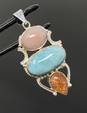 Gemstone Pendant - Larimar, Aquamarine and Pink Opal, Wire Wrapped Pendant, Silver Jewelry Gifts for Her, Bohemian Jewelry