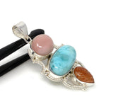 Gemstone Pendant - Larimar, Aquamarine and Pink Opal, Wire Wrapped Pendant, Silver Jewelry Gifts for Her, Bohemian Jewelry