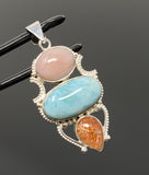 Gemstone Pendant - Larimar, Aquamarine and Pink Opal, Wire Wrapped Pendant, Silver Jewelry Gifts for Her, Bohemian Jewelry