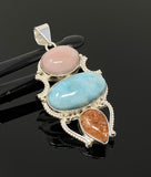 Gemstone Pendant - Larimar, Aquamarine and Pink Opal, Wire Wrapped Pendant, Silver Jewelry Gifts for Her, Bohemian Jewelry
