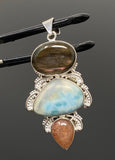 Gemstone Pendant - Larimar, Sunstone and Labradorite, Wire Wrapped Pendant, Silver Jewelry Gifts for Her, Bohemian Jewelry