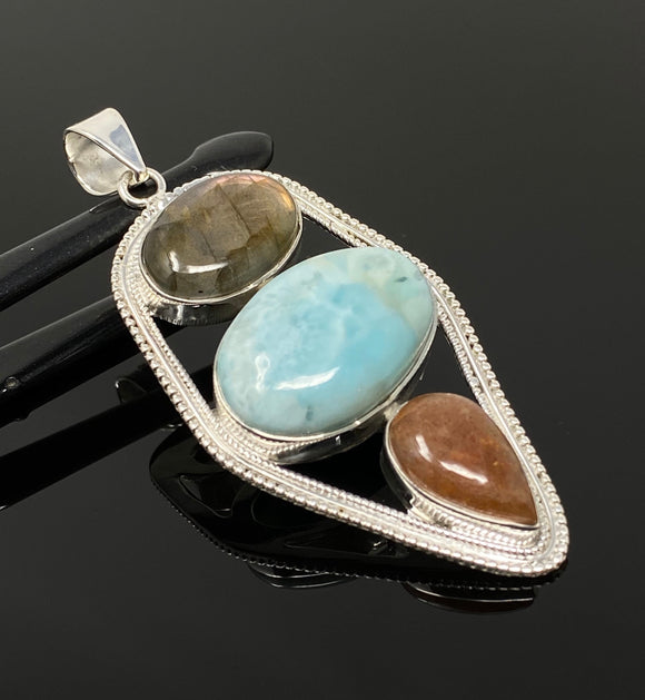 Gemstone Pendant - Larimar, Sunstone and Labradorite, Wire Wrapped Pendant, Silver Jewelry Gifts for Her, Bohemian Jewelry