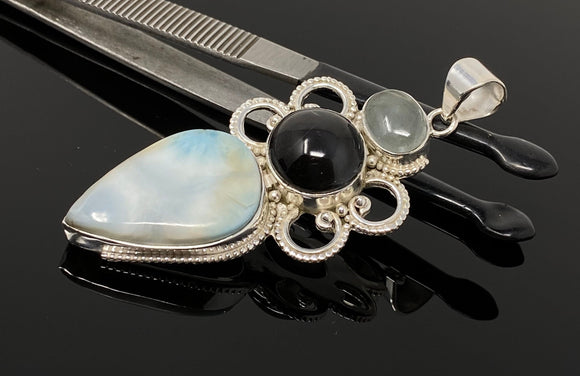 Gemstone Pendant - Larimar, Cats Eye and Aquamarine , Wire Wrapped Pendant, Silver Jewelry Gifts for Her, Bohemian Jewelry