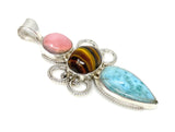 Gemstone Pendant - Larimar, Tigers Eye and Pink Opal Pendant, Wire Wrapped Pendant Silver Jewelry Gifts for Her, Bohemian Jewelry