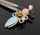Gemstone Pendant - Larimar, Tigers Eye and Pink Opal Pendant, Wire Wrapped Pendant Silver Jewelry Gifts for Her, Bohemian Jewelry