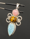 Gemstone Pendant - Larimar, Tigers Eye and Pink Opal Pendant, Wire Wrapped Pendant Silver Jewelry Gifts for Her, Bohemian Jewelry
