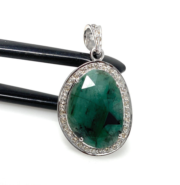 Emerald Diamond Pendant, Natural Emerald Sterling Silver Pendant, May Birthstone Pendant, Pave Diamond Pendant, 1.40” x 0.75”
