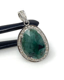 Emerald Diamond Pendant, Natural Emerald Sterling Silver Pendant, May Birthstone Pendant, Pave Diamond Pendant, 1.40” x 0.75”