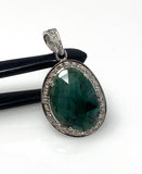 Emerald Diamond Pendant, Natural Emerald Sterling Silver Pendant, May Birthstone Pendant, Pave Diamond Pendant, 1.40” x 0.75”