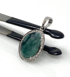 Emerald Diamond Pendant, Natural Emerald Sterling Silver Pendant, May Birthstone Pendant, Pave Diamond Pendant, 1.40” x 0.75”