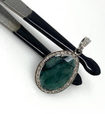 Emerald Diamond Pendant, Natural Emerald Sterling Silver Pendant, May Birthstone Pendant, Pave Diamond Pendant, 1.40” x 0.75”