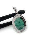 Emerald Diamond Pendant, Natural Emerald Sterling Silver Pendant, May Birthstone Pendant, Pave Diamond Pendant, 1.40” x 0.75”