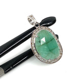 Emerald Diamond Pendant, Natural Emerald Sterling Silver Pendant, May Birthstone Pendant, Pave Diamond Pendant, 1.30” x 0.75”