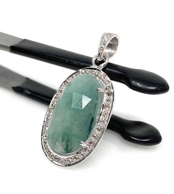Emerald Diamond Pendant, Natural Emerald Sterling Silver Pendant, May Birthstone Pendant, Pave Diamond Pendant, 1.35” x 0.60”