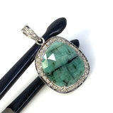 Emerald Diamond Pendant, Natural Emerald Sterling Silver Pendant, May Birthstone Pendant, Pave Diamond Pendant, 1.30” x 0.85”