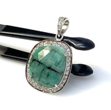 Emerald Diamond Pendant, Natural Emerald Sterling Silver Pendant, May Birthstone Pendant, Pave Diamond Pendant, 1.30” x 0.85”
