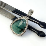 Emerald Diamond Pendant, Natural Emerald Sterling Silver Pendant, May Birthstone Pendant, Pave Diamond Pendant, 1.40” x 0.75”
