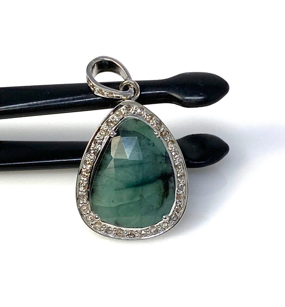 Emerald Diamond Pendant, Natural Emerald Sterling Silver Pendant, May Birthstone Pendant, Pave Diamond Pendant, 1.40” x 0.75”