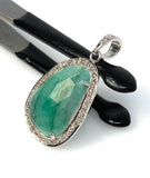 Emerald Diamond Pendant, Natural Emerald Sterling Silver Pendant, May Birthstone Pendant, Pave Diamond Pendant, 1.75” x 0.80”