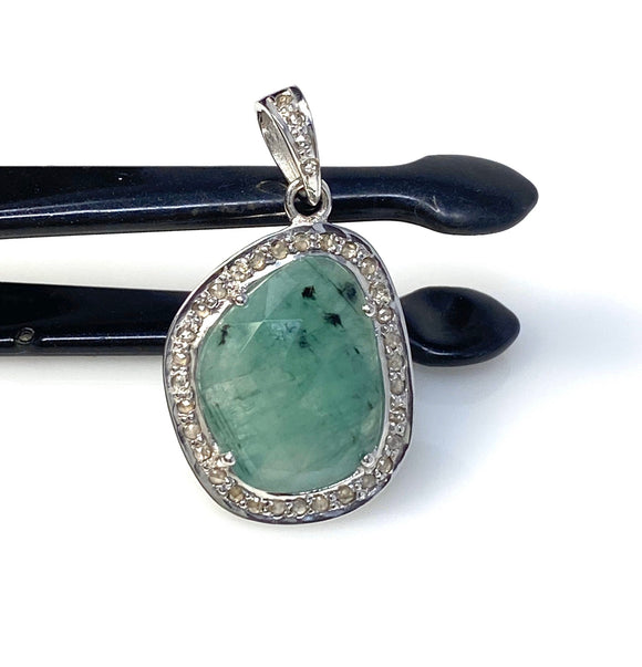 Emerald Diamond Pendant, Natural Emerald Sterling Silver Pendant, May Birthstone Pendant, Pave Diamond Pendant, 1.25” x 0.75”