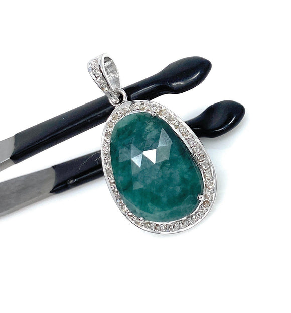 Emerald Diamond Pendant, Natural Emerald Sterling Silver Pendant, May Birthstone Pendant, Pave Diamond Pendant, 1.40” x 0.75”