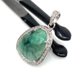 Emerald Diamond Pendant, Natural Emerald Sterling Silver Pendant, May Birthstone Pendant, Pave Diamond Pendant, 1.35” x 0.85”