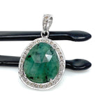 Emerald Diamond Pendant, Natural Emerald Sterling Silver Pendant, May Birthstone Pendant, Pave Diamond Pendant, 1.25” x 0.75”
