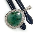 Emerald Diamond Pendant, Natural Emerald Sterling Silver Pendant, May Birthstone Pendant, Pave Diamond Pendant, 1.25” x 0.75”