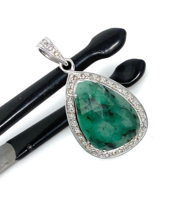 Emerald Diamond Pendant, Natural Emerald Sterling Silver Pendant, May Birthstone Pendant, Pave Diamond Pendant, 1.40” x 0.75”