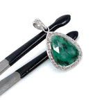 Emerald Diamond Pendant, Natural Emerald Sterling Silver Pendant, May Birthstone Pendant, Pave Diamond Pendant, 1.40” x 0.75”