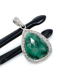 Emerald Diamond Pendant, Natural Emerald Sterling Silver Pendant, May Birthstone Pendant, Pave Diamond Pendant, 1.40” x 0.75”