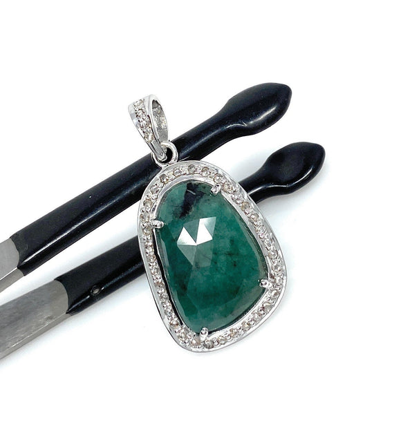 Emerald Diamond Pendant, Natural Emerald Sterling Silver Pendant, May Birthstone Pendant, Pave Diamond Pendant, 1.45” x 0.75”
