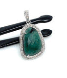 Emerald Diamond Pendant, Natural Emerald Sterling Silver Pendant, May Birthstone Pendant, Pave Diamond Pendant, 1.45” x 0.75”