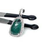 Emerald Diamond Pendant, Natural Emerald Sterling Silver Pendant, May Birthstone Pendant, Pave Diamond Pendant, 1.45” x 0.75”