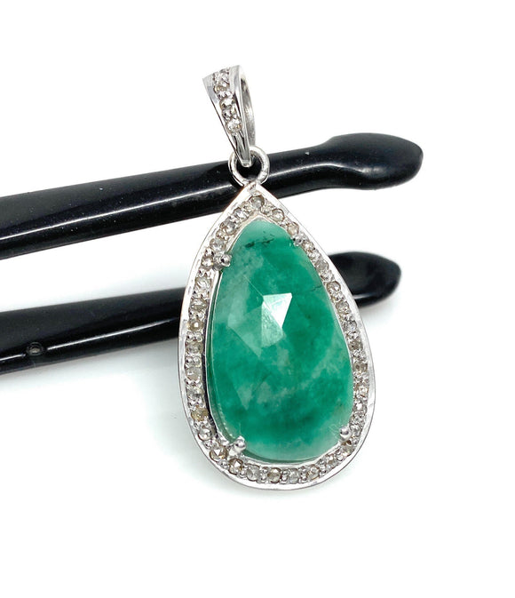 Emerald Diamond Pendant, Natural Emerald Sterling Silver Pendant, May Birthstone Pendant, Pave Diamond Pendant, 1.45” x 0.70”