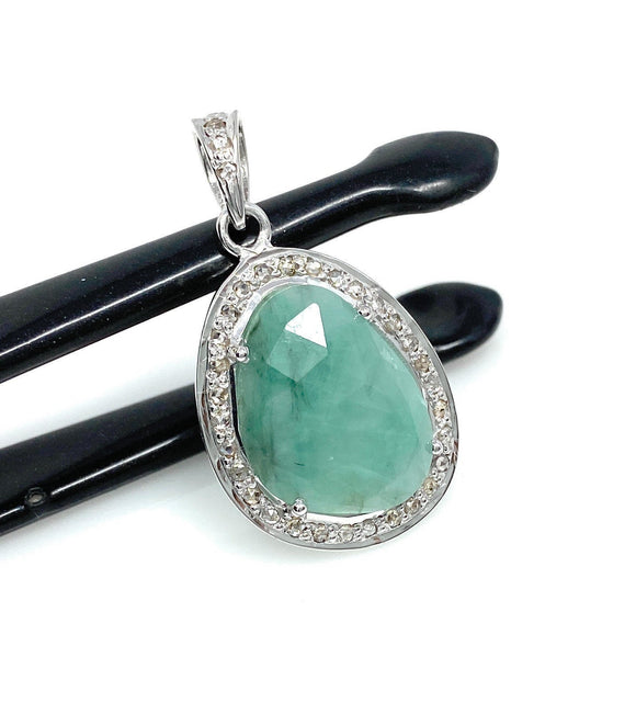 Emerald Diamond Pendant, Natural Emerald Sterling Silver Pendant, May Birthstone Pendant, Pave Diamond Pendant, 1.20” x 0.70”