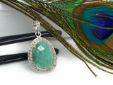 Emerald Diamond Pendant, Natural Emerald Sterling Silver Pendant, May Birthstone Pendant, Pave Diamond Pendant, 1.20” x 0.70”