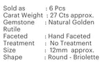 6 Pcs Natural Golden Rutile Rose Cut Cabochons, Loose Gemstones, Briolette Ring Stones, 12mm approx.