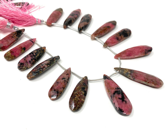 Natural Rhodonite Gemstone Beads, Rhodonite Faceted Pear Briolette Beads, 24mm - 37.5mm , 8” Str/ 12 -13 Pcs