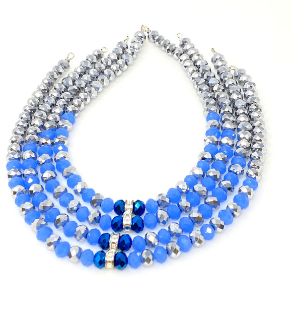 Faceted Glass Rondelle Beads, Opaque Blue and Metallic Silver Glass Beads, 8x6mm , 13.5” Strand