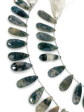 Natural Green Moss Agate Gemstone Beads, Moss Agate Faceted Pear Briolette Beads, Wholesale Beads, 24mm - 37mm, 7.75” Strand/ 13-14Pcs