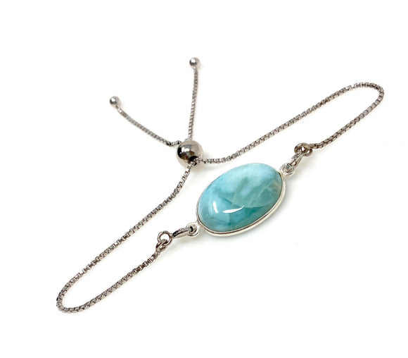 Larimar Gemstone Bracelet, Sterling Silver Adjustable Bolo Bracelet, AAA Quality Dominican Republic Larimar Bracelet, Gifts for Her