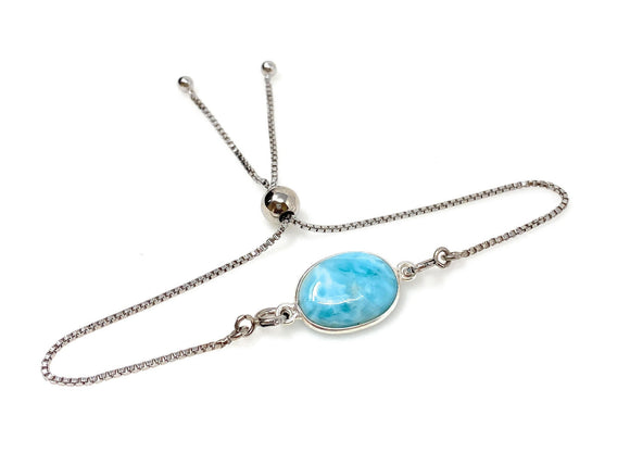 Larimar Gemstone Bracelet, Sterling Silver Adjustable Bolo Bracelet, AAA Quality Dominican Republic Larimar Bracelet, Gifts for Her