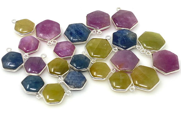 Natural Multi Sapphire Gemstone Charms, Silver Jewelry Supplies, Bulk Wholesale Charms, Yellow Sapphire Blue Sapphire Pink Sapphire , 11 Pcs