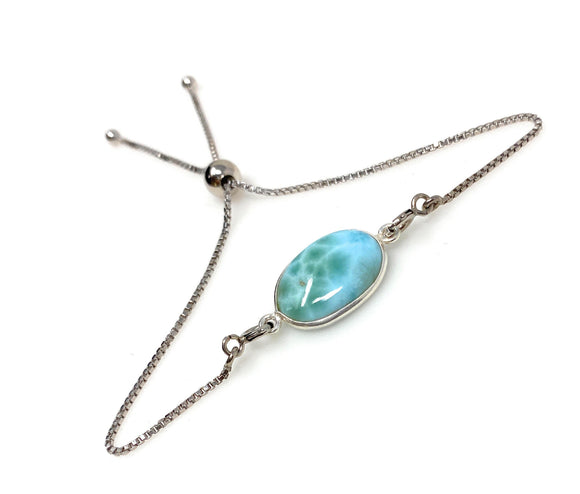Larimar Gemstone Bracelet, Sterling Silver Adjustable Bolo Bracelet, AAA Quality Dominican Republic Larimar Bracelet, Gifts for Her